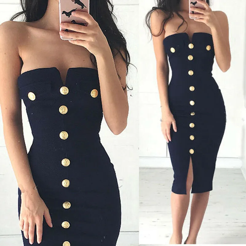 Stylish Womens Off-shoulder Slash-neck Strapless Button High-waist Bustier Sleeveless Slim Fit Dress Lady Party Ball Dress S-XL
