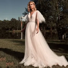 

Elegant Special Sleeve Design Wedding Dress 2021 V-Neck Backless A-Line Sweep Train Chiffon Wedding Gown With Sashes Tailor-Made