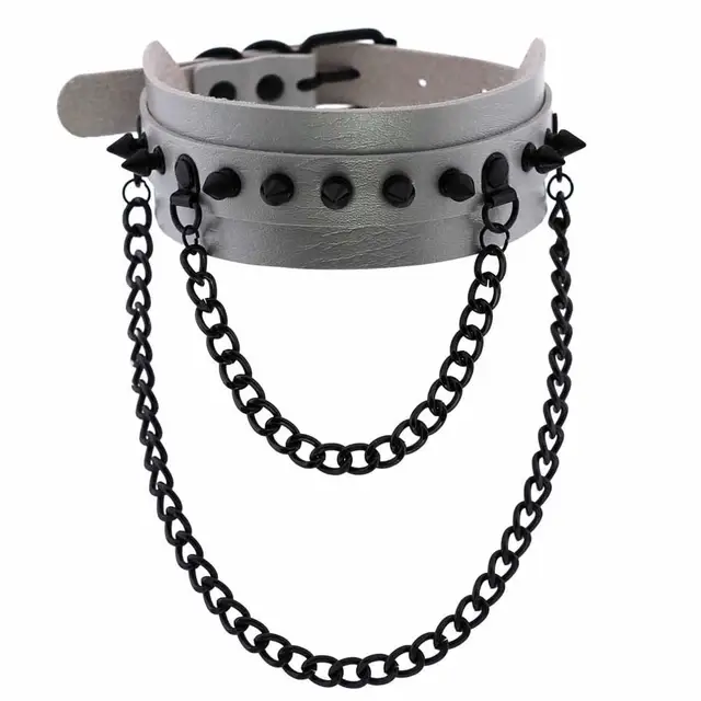 Gothic  Spike Choker Chain Collar Gothic Fashion Rivet black Leather Chokers Harajuku Grunge Goth necklace girls witch cosplay grey