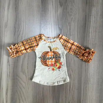 

children girls Halloween raglans Girls pumpkin raglans girls boutique cotton top white shirt with orange plaid sleeve