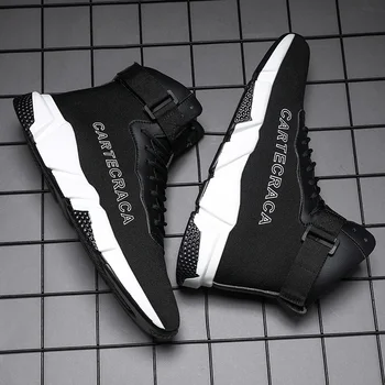 

New Brand High Top Male Sneakers Men Casual Mesh Fabric Shoes Breathable White Shoes Black Leather Men boots Walking boys shoes