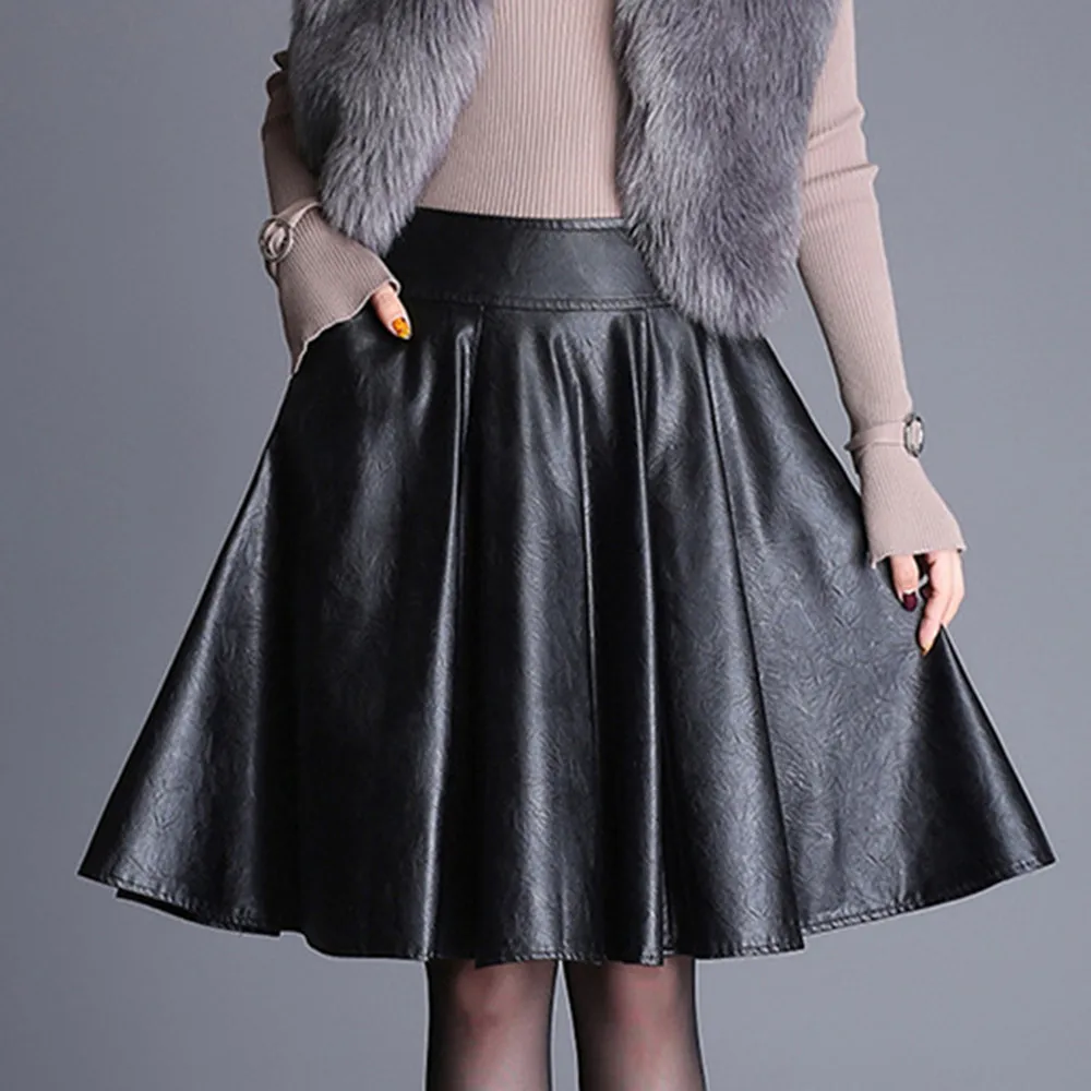 Винтажная осенне-зимняя юбка на молнии, с высокой талией, длиной до колена, с зонтиком, трапециевидной формы, из искусственной кожи, для женщин, Черная Женская плиссированная юбка, saias