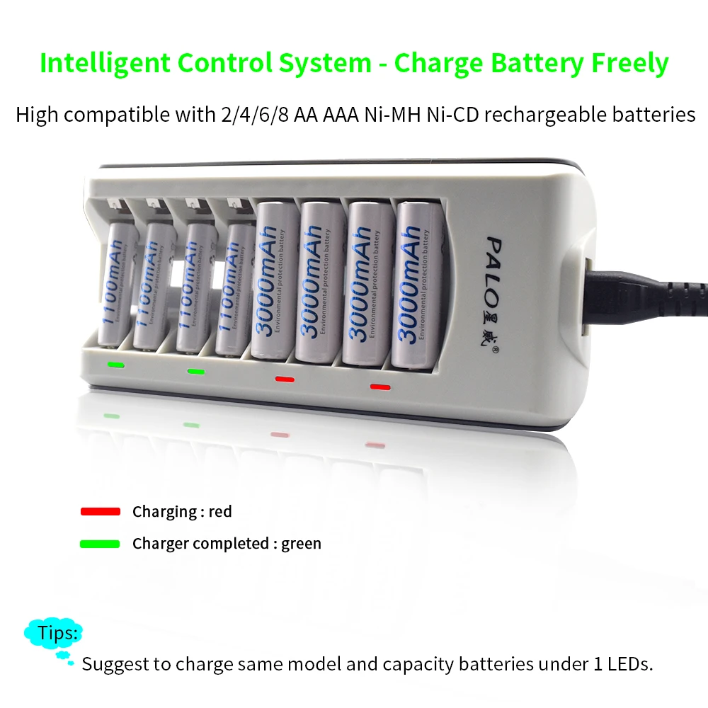 8 слотов светодиодный индикатор зарядное устройство для AA/AAA батареи+ 8 шт. AAA 1100 мАч Nimh аккумуляторы