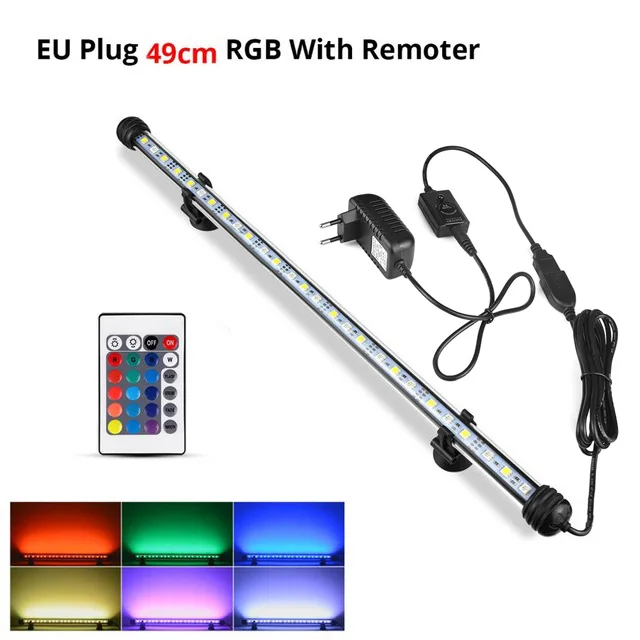 Aquarium LED Light Waterproof Fish Tank Light With Button Switch LED Aquarium Lamp Lighting 220V EU Adapter 19/29/39/49CM - Color: 49cm RGB With Remote