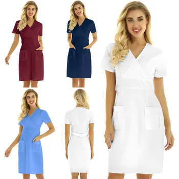 

Women Female Cosplay Nurse Dress V-neck Short Sleeves Mock Wrap A-Line Dress Hospital Nurse Scrub Lab Coat Uniform Dress