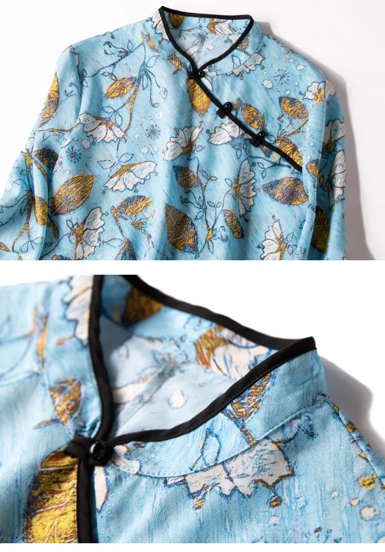 Женская шелковая блуза натуральный шелк креп Винтаж китайский стиль блузки стоячий воротник блузка рубашка с принтом Блузка
