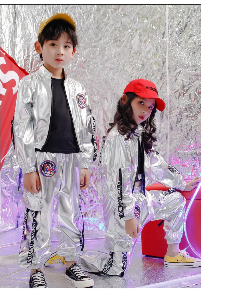 2021 Fashion Boys Hip-hop Set Girl Silver Color Jazz Dance Costume Children Performance Clothes Dance Costume Cool Rave Outfits