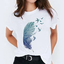 Aliexpress - T-shirts Top for Women Watercolor Feather Bird Cartoon 90s Casual Print Lady  Womens Graphic T Shirt Ladies Female Tee T-Shirt
