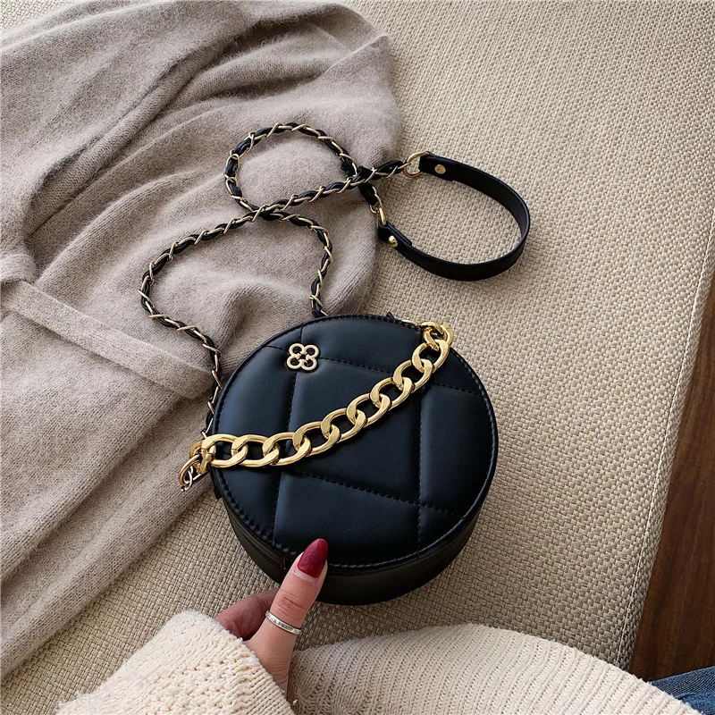 

Women Handbag Plaid Embroidery Line 2019 New Vintage Luxury Designer Brand Crossbody Messenger Bag Fashion Chain Small Round Bag
