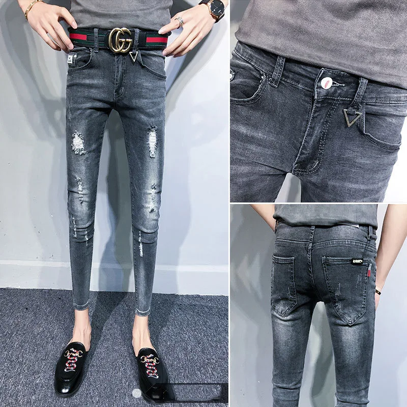 Оптовая продажа 2019 весна осень тонкие облегающие обтягивающие мужские джинсы из денима Маленькие ноги подростков хип хоп Уличная карандаш