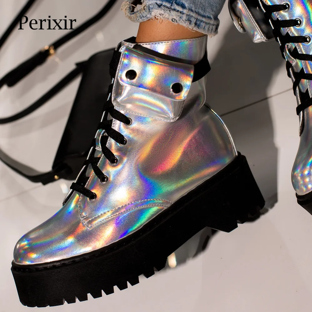 CARGO Silver Hologram Chunky Platform Lace Up Combat Boot Pocket Pouch Detail 