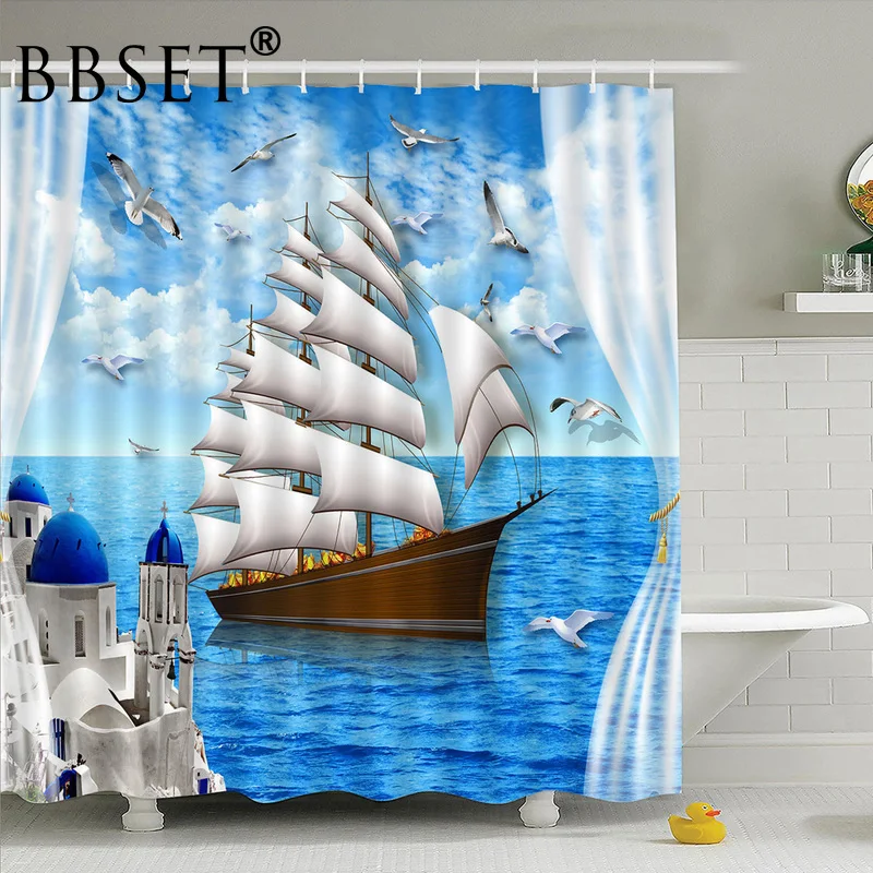 Navigation Shower Curtain Sailboat Sailing on Blue Sea Pattern