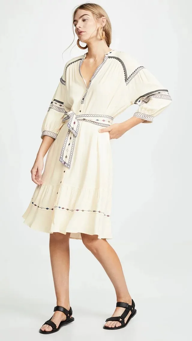

Boho Embroidery Dress Women Casual Loose V-neck Knee-length Sashes Button Viscose Dresses with Lining Spring 2020 Hippie Clothes