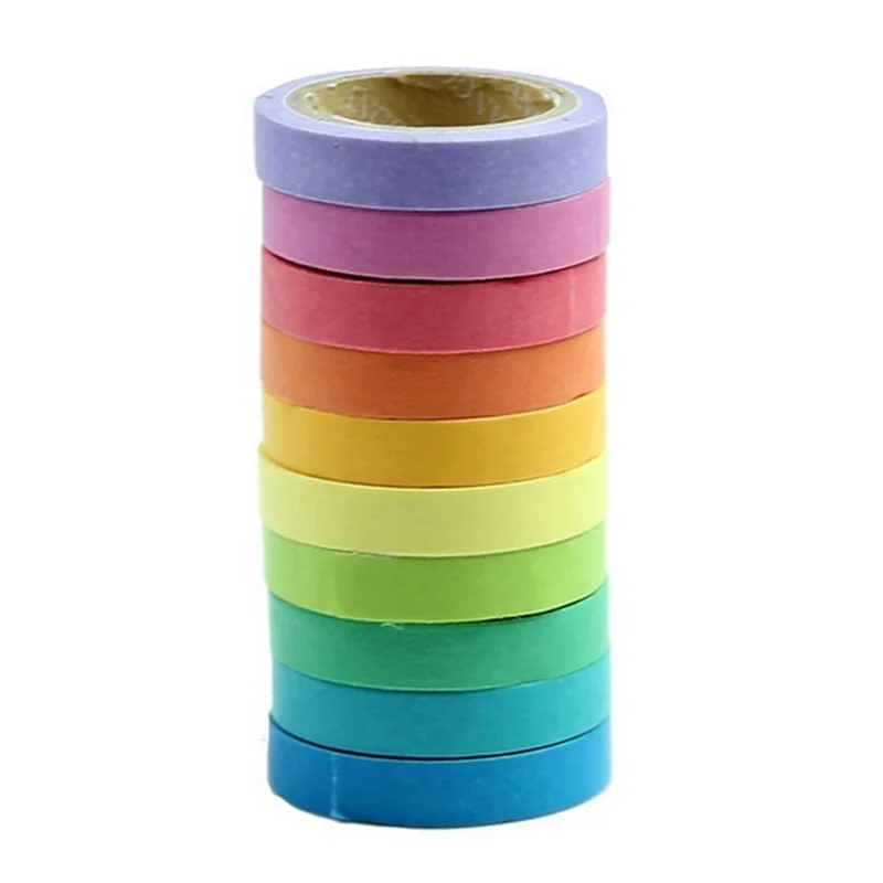 Free Shipping 10 Pcs/Set Rainbow Solid Color Masking Washi Sticky Paper Tape Adhesive Scrapbooking Deco Masking Washi Tape