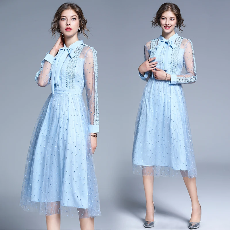 

High Quality Fashion Designer Runway Dress 2019 Autumn Women Long Sleeve Lace Bow Casual Office Lady Slim Midi Dress