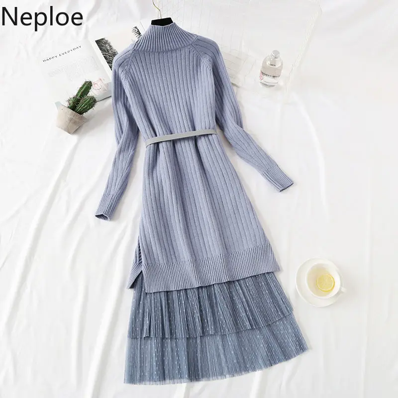 

Neploe Two Piece Set Women Autumn Winter Turtleneck Belt Knitt Pullover Sweater + Mesh Pleat Skirt Chandal Mujer Maxi 46297