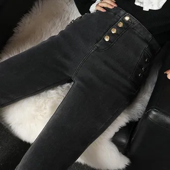 

2020 new women pants double-breasted slim high waist jeans women