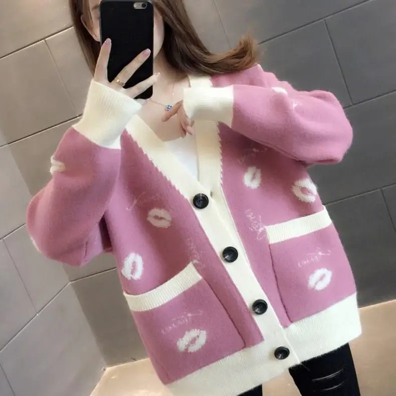 

Lips Pink Fall Fashion Cardigans Long Sleeve Sweater Loose Coat Casual Cloth Girl Jacket V-neck Tops Clothes for Women