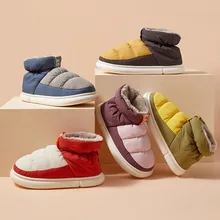 

Winter Women Slippers Down Warm Waterproof Female Shoes Indoor Outdoor Sewing Thick Sole Non-slip Men Footwear New