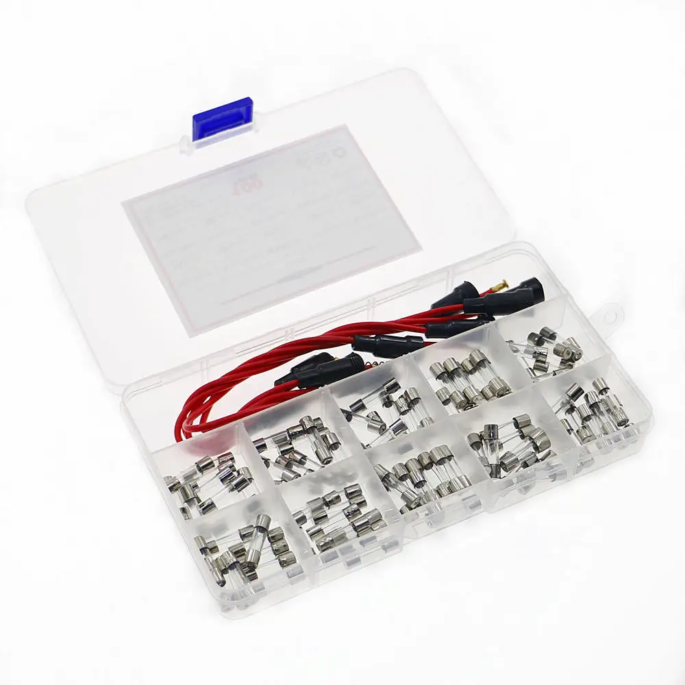퓨즈 홀더 인라인 나사 유형, 빠른 블로우 유리 튜브 퓨즈 모듬 키트, 250V, 16 AWG 와이어, 100 개, 5x20mm, 5 개