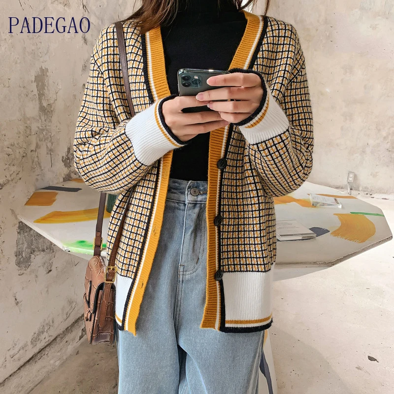 

Plaid Stripe Cardigan Orange Blue Korean Design V-Neck Knit Jacket Sweater Button Single Breasted Fashion Floral Soft Cotton