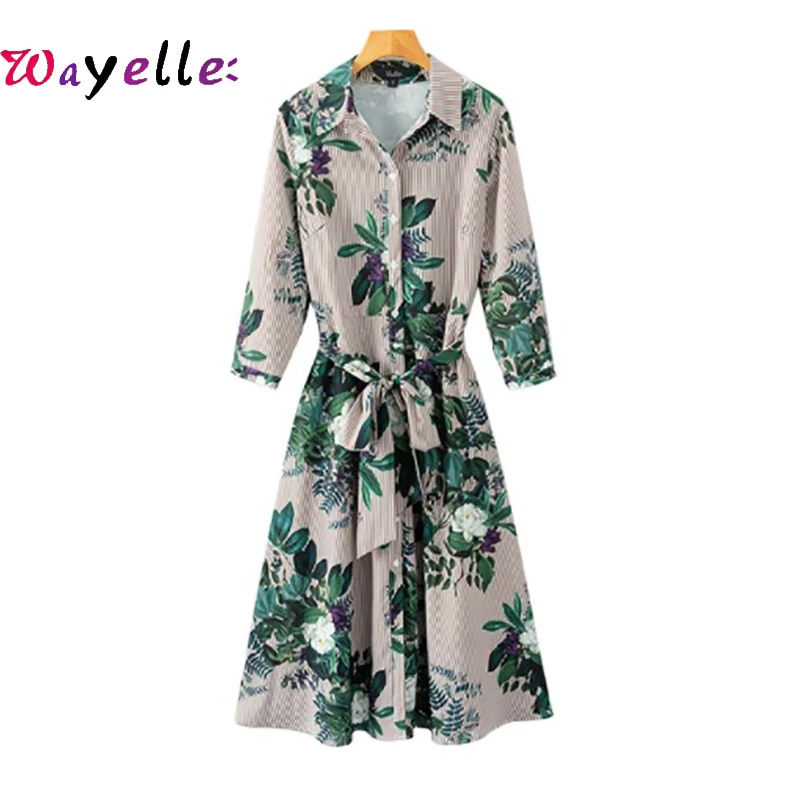 

2019 Autumn Vintage Women Dresses Floral Striped Long Sleeve Dress For Lady Bow Tie Elegant Pleated Casual Chic Female Dresses