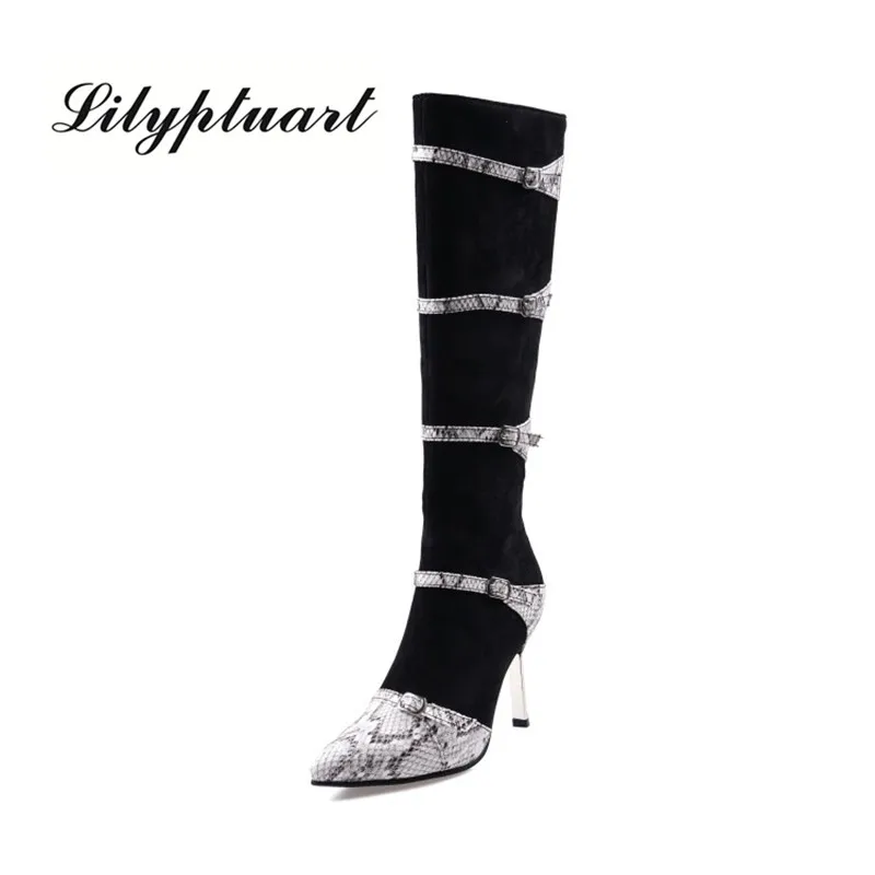 European and American style wind pointed fine with color side zipper high boots female snake pattern sexy women's boots