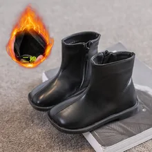 

Children Ankle Short Boots PU Leather Square Toe Fashion Kids Martens Vintage Baby Footwear Students Black Flat Rubber Shoes