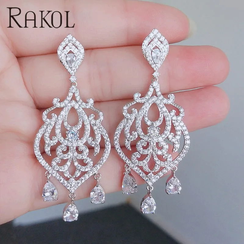 RAKOL Luxury Cubic Zirconia Drop Earrings for Women Bride Crystal Tassel Jewelry Accessories Anniversary Gift RE023278 | Украшения и