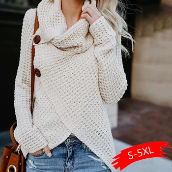 

Women Turtleneck Sweater Autumn Causal Loose Buttons Knitted Female Pullover Fashion Irregular Plus Size Jumper Sweaters 2020