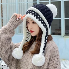 Bonnet tricoté épais et chaud pour femme, couvre chef à la mode, avec doublure polaire, avec pompons, idéal pour l'hiver, HT3995 