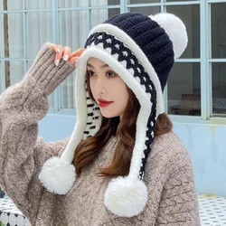 Bonnet tricoté épais et chaud pour femme, couvre chef à la mode, avec doublure polaire, avec pompons, idéal pour l'hiver, HT3995 