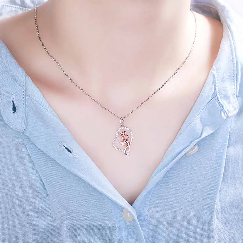 SG 925 пробы, Серебряное сердце, ожерелье с подвеской, розовое Цветочное Ожерелье-цепочка с фианитами, модное ювелирное изделие для женщин, подарки