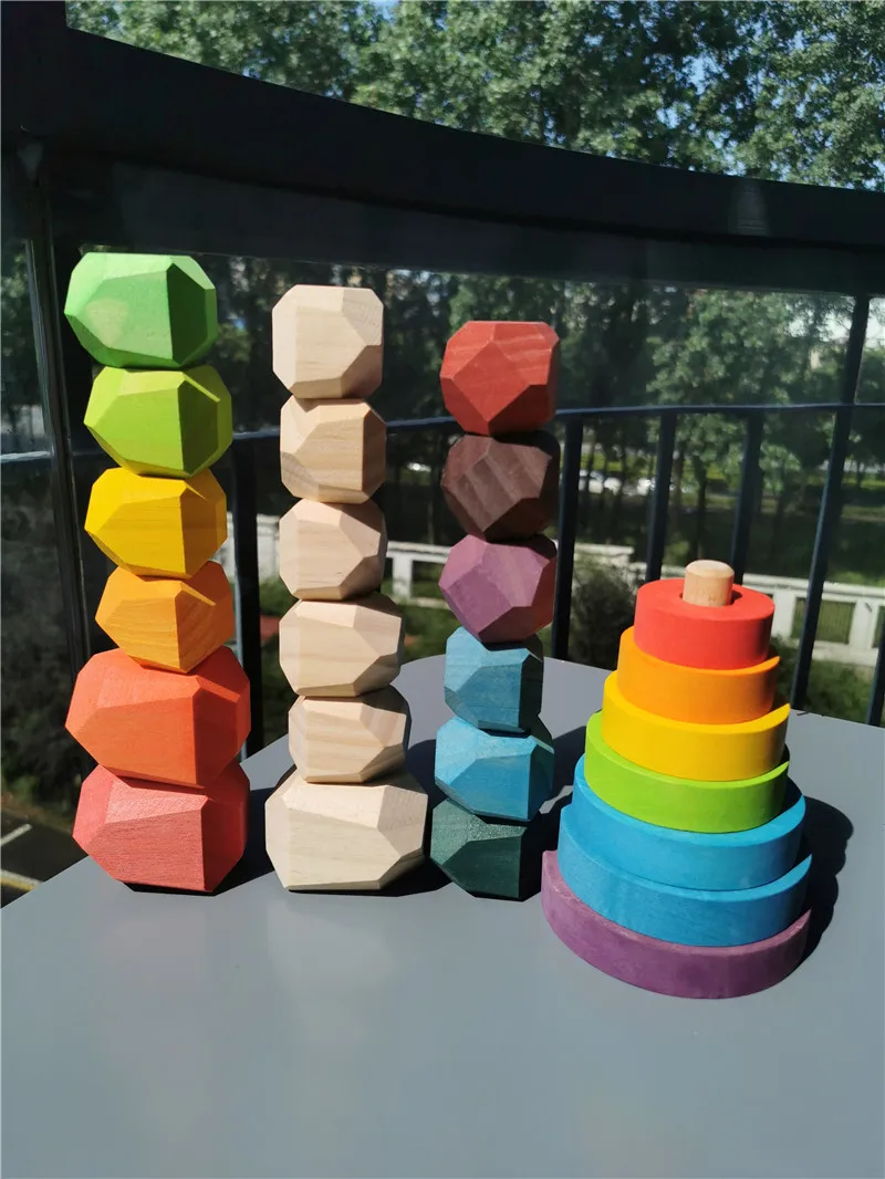 Kids Montessori Wooden Toy Big Jenga Stones Rainbow Gems Arch Building Blocks Nordic Wood