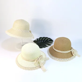 

2019 Child Summer New Girl Sun Hat Cap Beige Brown Straw Flat top Summer Beach Straw Hat Beach Caps