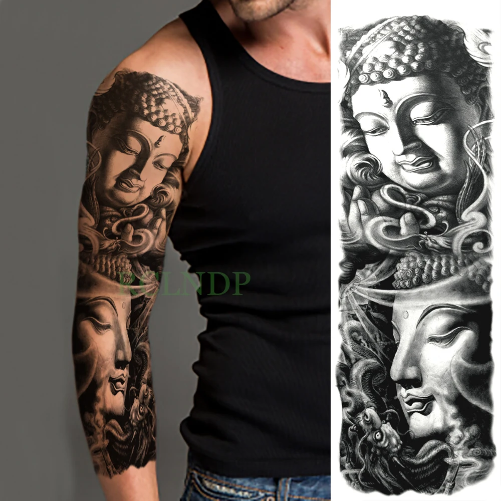 Waterproof Temporary Tattoo Sticker Buddha Chinese style full arm fake tatto big flash tatoo sleeve large size for men women | Красота и