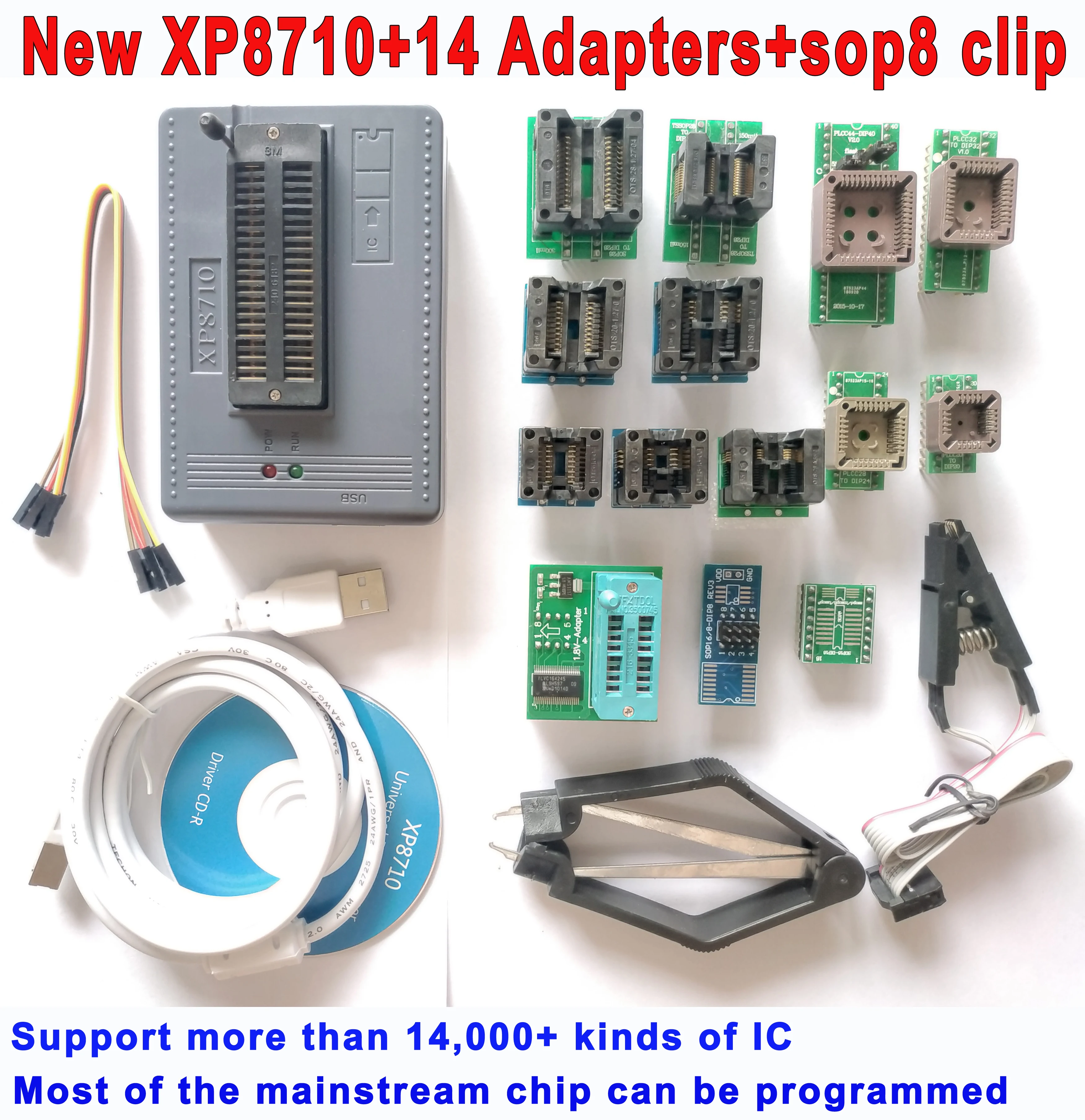 

New XP8710 usb programmer+14adapter socket+SOP8 clip 1.8V nand flash 24 93 25 mcu Bios EPROM AVR ic chip read write programmer