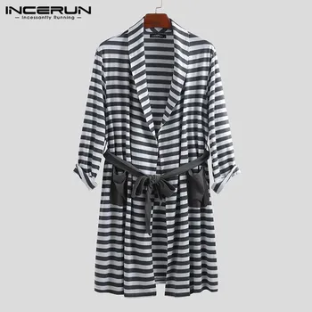 

INCERUN Striped Men Pajamas Robes Fashion Homewear Kimono Pockets Lace Up Long Sleeve Casual Bathrobes Men Sleepwear 2020 S-5XL