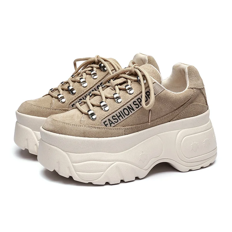 

Genuine Leather Women's Thick-Soled Lace-Up Sneakers Autumn New Round Head Fashion Comfortable Breathable Black Casual Shoes