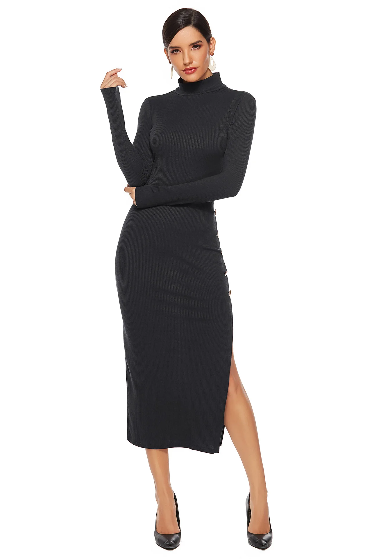 

Solid Sexy Open Side Split Skinny Tea Length Dress Women Autumn Elegant Sheath Stretchy Rib Button Dresses