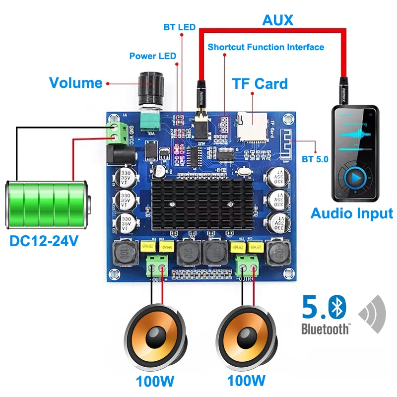 Bluetooth 5.0 100W+100W TPA3116 Digital Audio Power Amp HiFi Sound Dual Channel Class D Stereo Aux TF Card Amplifier Board