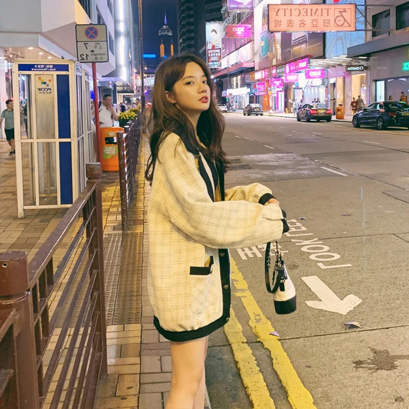 

INS Graceful Plaid Coat Women's 2019 Autumn New Style CHIC Korean-style Students Loose-Fit Tweed on yi inflooring