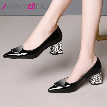 

ANNYMOLI High Heels Women Pumps Natural Genuine Leather Block High Heel Shoes Real Leather Leopard Pointed Toe Shoes Lady 34-39