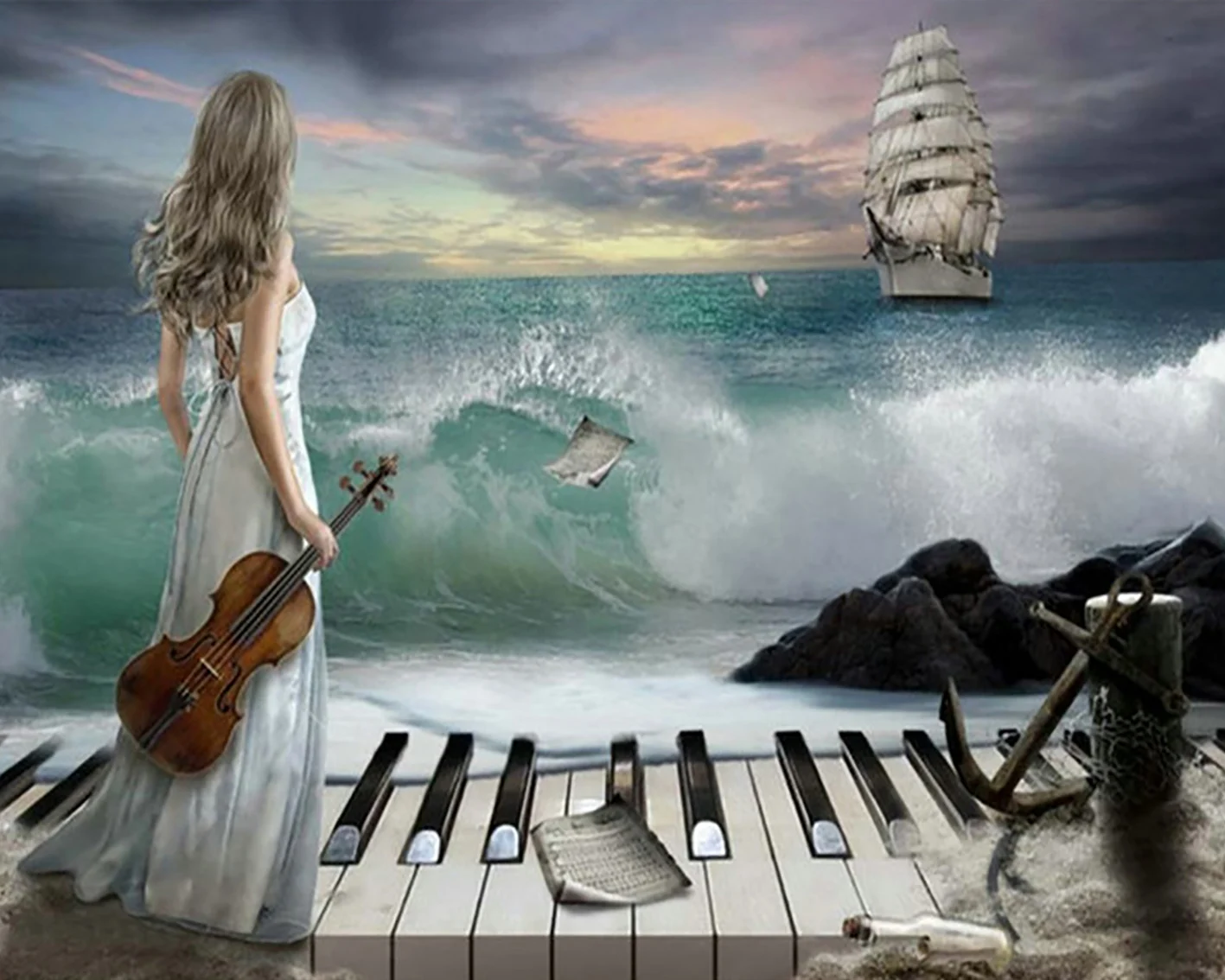 

L0802 Women's Piano Sailing Boat cross stitch 11/ 14ct /16/28/27CT cloth cotton thread embroidery handmade needlework