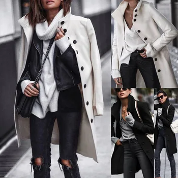 

Women White Button Woolen Coats Autumn Winter Clothes Mandarin Collar Black Overcoat Open Stitch Long Coat Casual Loose Overwear
