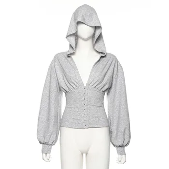 

Women's Hoodie Spring Sweatshirt Long Sleeve V-neck High Waist Slim Sweatshirt Top Women Fashion New 2020 Women