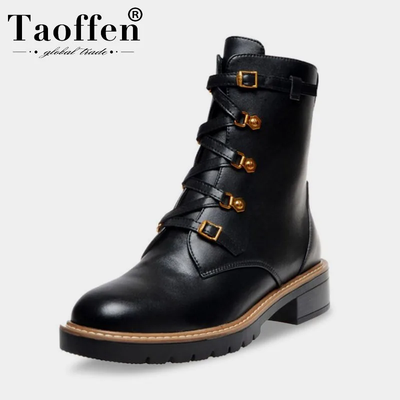 Najtaniej Taoffen kobiety prawdziwe skórzane czarne zimowe botki zamek pasek krzyżowy moda buty motocyklowe obuwie kobieta rozmiar 34 40