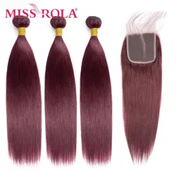Miss Rola Hair Malaysia Straight Human Hair Weaving With Lace Closures 3 Bundles With 4*4 Closure 27# 99J BUG 30# Remy Hair