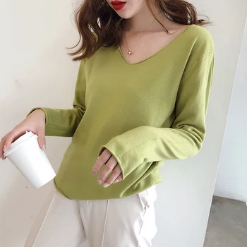 

HLBCBG Chic casual Autumn Winter Basic Sweater pullovers Women v-neck Solid Knit Slim Pullover female Long Sleeve warm Sweater