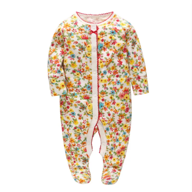 

Picturesque Childhood Newborn Baby red and yellow Flowers Print Footies Cotton with Buttons Clothes Infant Casual Outfits